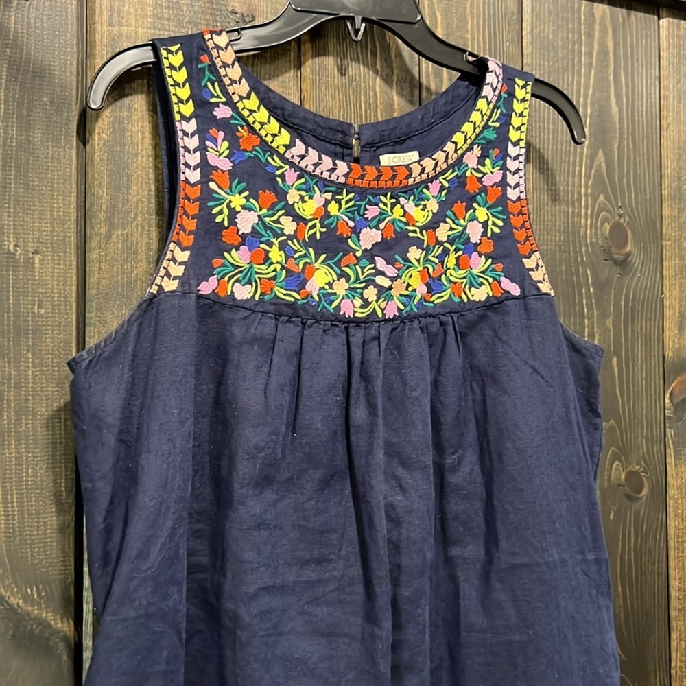 J. Crew Linen Blend Mini Dress 10 Embroidered Floral Boho Chic Navy Blue‎ Cotton - Picture 3 of 10